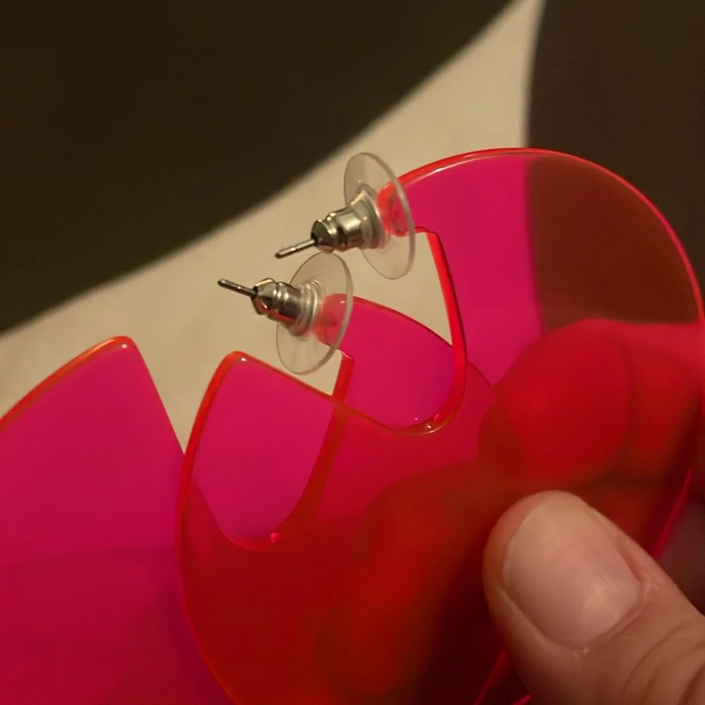 Translucent Neon Pink Color Block Statement Earrings - Picture 4 of 6